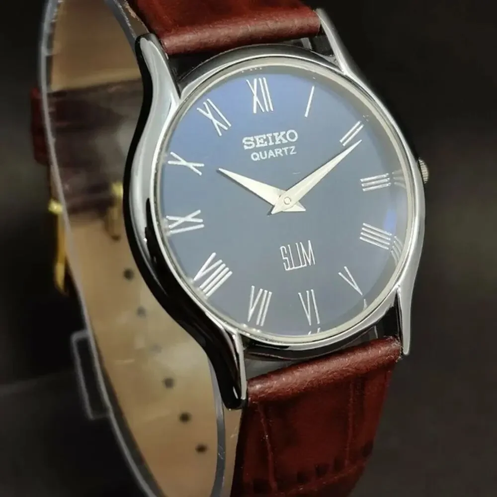 Vintage Style Seiko Quartz Mens Silver Watch & Blue accents W/ Leather Strap
